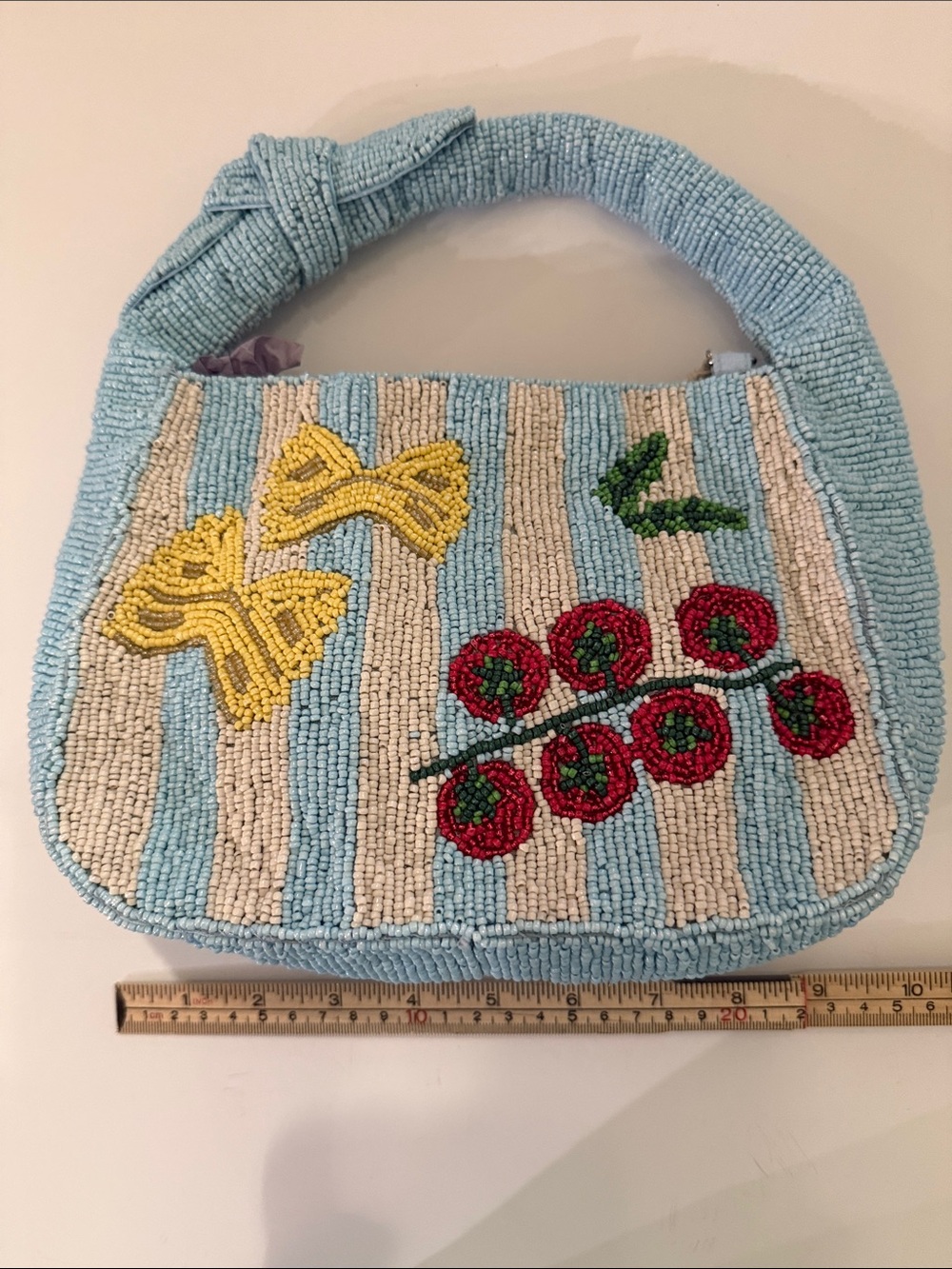 * NWT Hand Beaded Light Blue and Cream Stripe Bag with Tomato & Pasta Motif